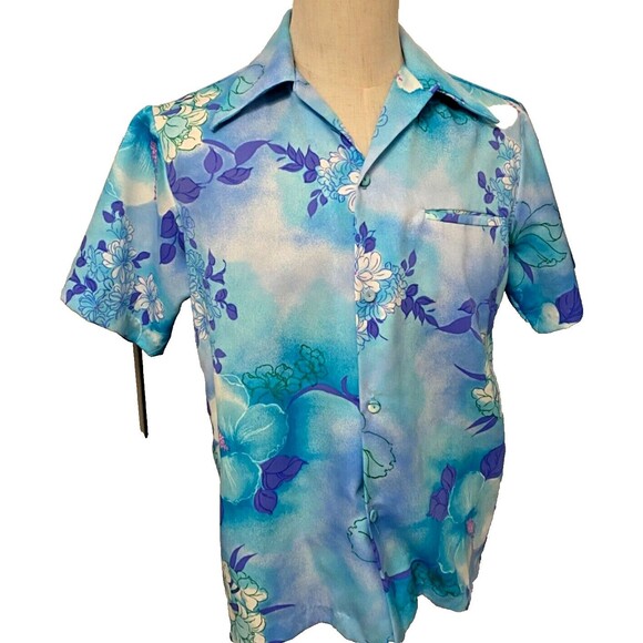Vintage 70s HAWAII NEI Men's Size Med Hawaiian Shirt Blue White Purple Floral - Picture 1 of 7